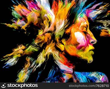 Lady of Color series. Digital burst paint portrait of young woman on the subject of creativity, imagination and art.