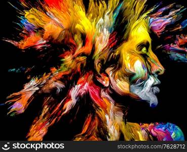 Lady of Color series. Digital burst paint portrait of young woman on the subject of creativity, imagination and art.