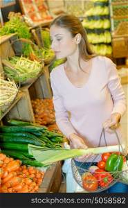 Lady shopping, holding wire basket of vegetables
