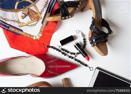 lady trendy lifestyle background with shoes and accessory around white backround