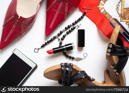 lady trendy lifestyle background with shoes and accessory around white backround