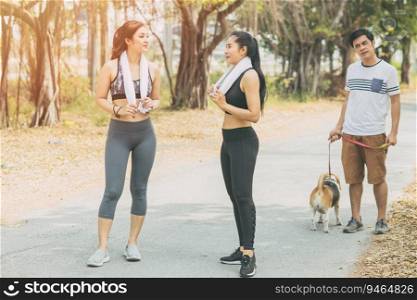 Lady wife girl gossip with friend while morning jogging. Husband man look suspiciously and puzzled.