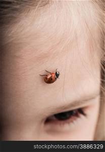 Ladybird bug walking across forehead of a girl with downwards angle