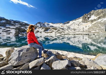 Lago del Monticello with Presena glacier on background, Tonale pass, Italy