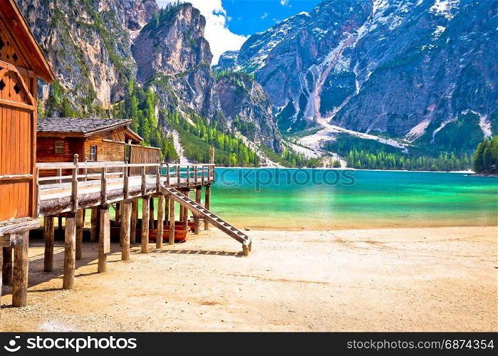 Lago di Braies turquoise water and Dolomites Alps view, South Tyrol region of Italy