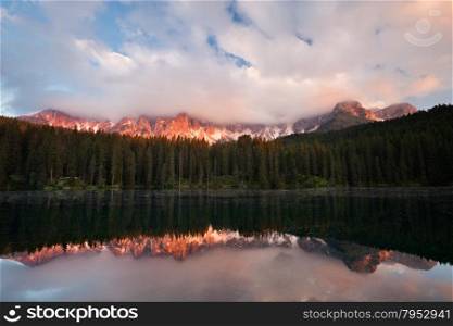 Lago di Carezza at sunset, Dolomites Alps, Italy