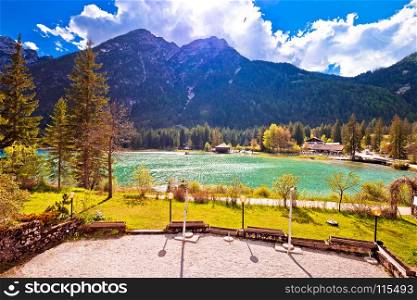 Lago di Dobbiaco in Dolomites Alps view, South Tirol alpine region of Italy