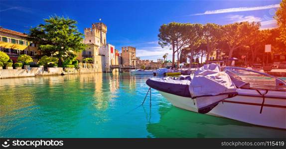 Lago di Garda town of Sirmione turquoise watefrront panoramic view, Tourist destination in Lombardy region of Italy