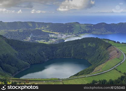 Lagoa de Santiago and Lagoa Azul on San Miguel island of Azores, panorama&#xA;