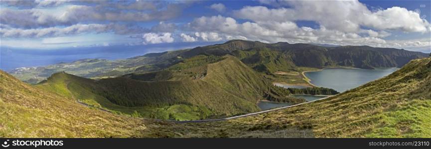 Lagoa do Fogo and green valley panorama on San Miguel island of Azores&#xA;