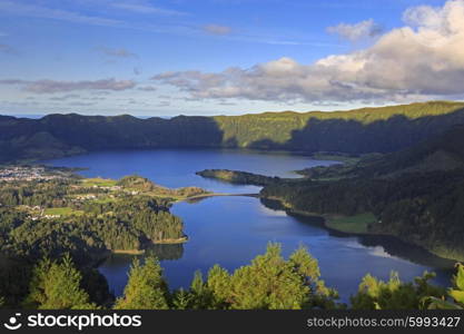 Lagoa Verde and Lagoa Azul on San Miguel island of Azores&#xA;