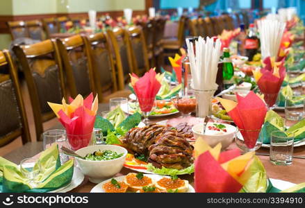 laid table with tableware and dishes, ready for banquet, shallow DOF