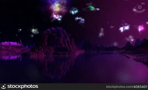 Lake and mountains are filled with violet light a distant star. In the dark sky bright color nebula slowly change their shape. From the depths of the cosmos appears UFO. He painted in bright colors and slowly approaching flying over the landscape.