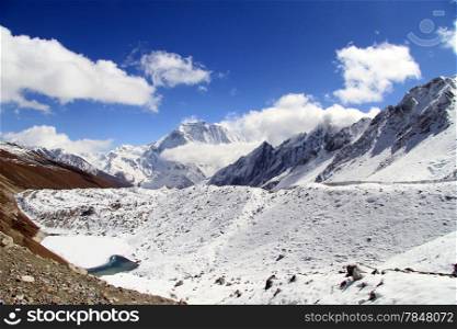 Lake and snow near Larke pass in Nepal