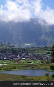 Lake and village in PLateau Dieng, Java, Indonesia