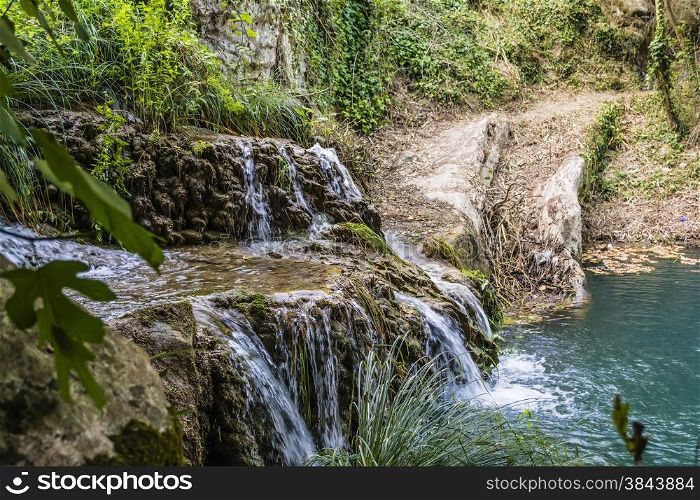 Lake and Waterfall in Mountain. Greece, Messinia
