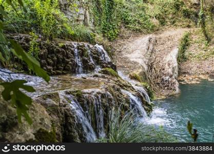 Lake and Waterfall in Mountain. Greece, Messinia