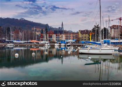 Lake Annecy on the background of the Alps. France. Annecy.. France. Lake Annecy.