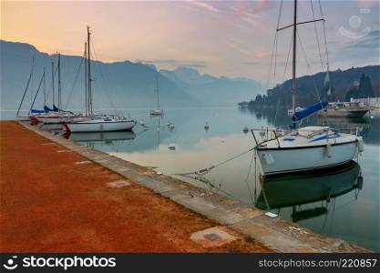 Lake Annecy on the background of the Alps. France. Annecy.. France. Lake Annecy.