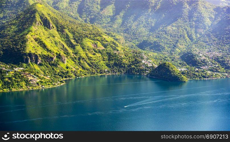 Lake Atitlan mountainous shoreline with a view of San Marcos La Laguna