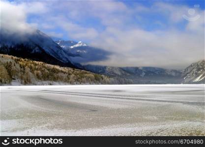 Lake Bled frozen in Winter, Slovenia.