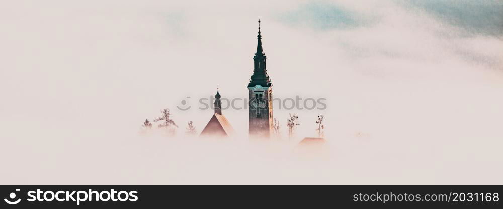 lake Bled in early morning with fog, Slovenia travel