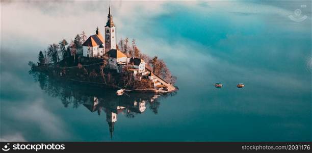 lake Bled in early morning with fog, Slovenia travel