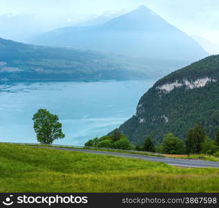 Lake Brienz or Brienzersee evening cloudy summer top view (Berne, Switzerland).