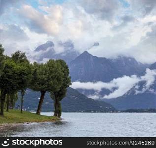 Lake Como (Italy) summer cloudy view with trees on shore