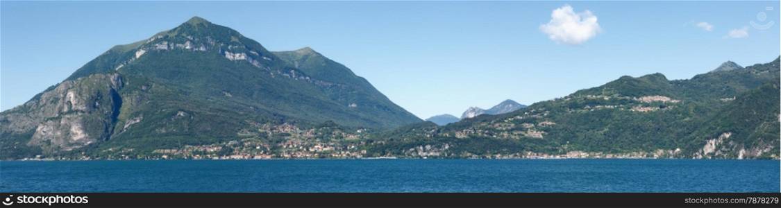 Lake Como (Italy) summer view from ship board. Panorama.