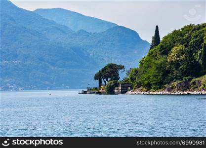 Lake Como summer shore view from ship board, Italy