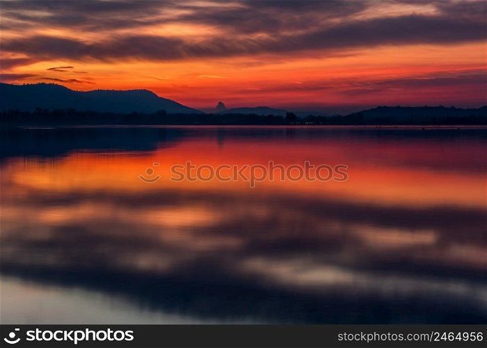 Lake Constance powerful sunset with beautiful colors in the sky