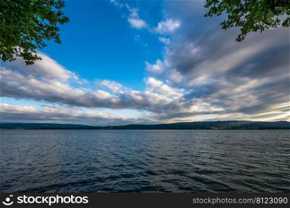 Lake Constance summer blue sky panorama view