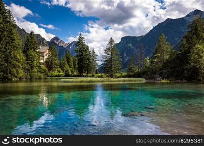 Lake Dobbiaco in the Dolomites, Beautiful Nature Italy natural landscape Alps.