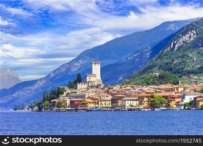 Lake Garda (Lago di Garda) is one of the most popular and beautiful lakes of Italy. View of Malcesine village.. wonderful lake Lago di Garda in Lombardy, northern Italy