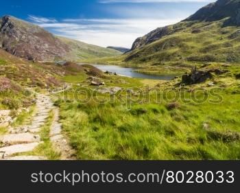 Lake Idwal and path, Snowdonia, Wales, United Kingdom.