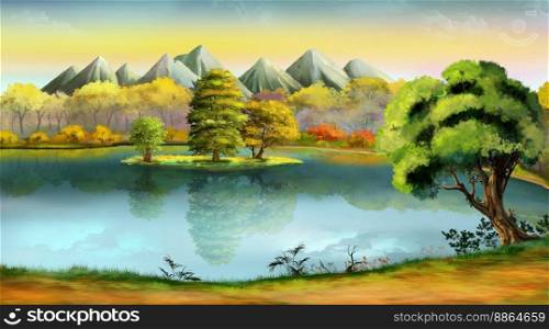 Lake in the mountains surrounded by autumn forest. Digital Painting Background, Illustration.. Lake in the mountains illustration