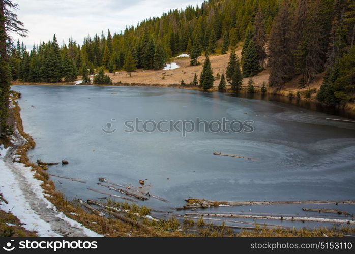 Lake Irene frozen over in Rocky Mountain National Park