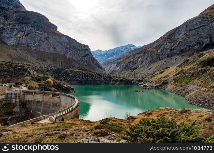 lake is formed with the Gloriettes dam on the Gave d&rsquo;Estaube river in the Haute Pyrenees.