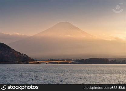 Lake kawaguchiko and Mountain Fuji with clouds in sunset