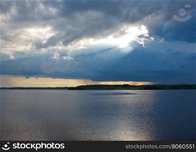 Lake Kenozero .Evening storm over the water. Arkhangelsk region, Russia
