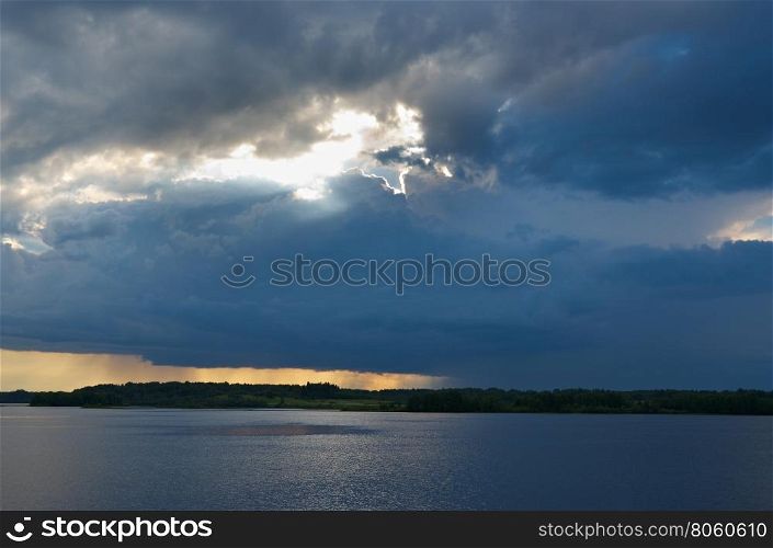Lake Kenozero .Evening storm over the water. Arkhangelsk region, Russia