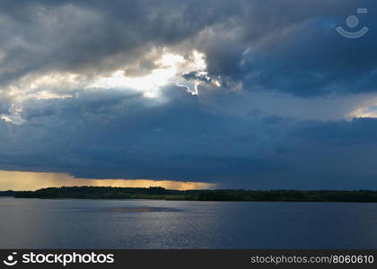 Lake Kenozero .Evening storm over the water. Arkhangelsk region, Russia