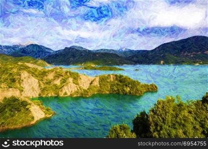 Lake Kremaston, Evrytania region, Greece - It is the largest artificial lake in Greece. Digital painting.. Lake Kremasta, Evrytania region, Greece