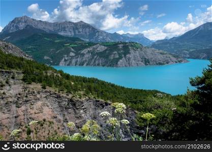 "Lake "Lac de Serre Poncon" in the Hautes Alpes in France"