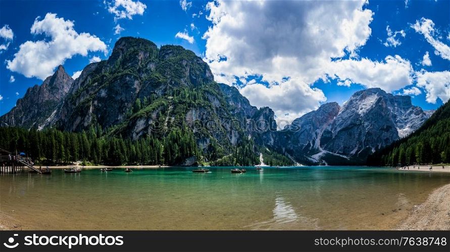 Lake Lago di Braies in Dolomites, Italy Alps