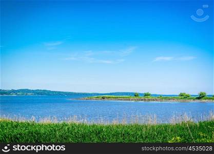 Lake landscape with green grass and blue sky in the summertime