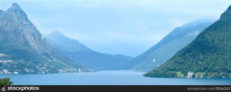 Lake Lugano on the border between southern Switzerland and northern Italy. Summer. Panorama.