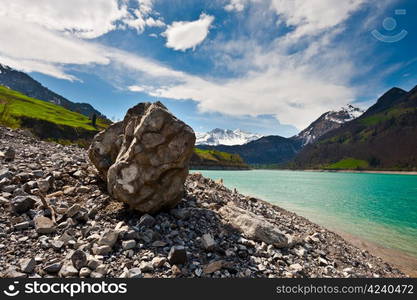 Lake Lungern on the Background of Snow-capped Alps, Switzerland