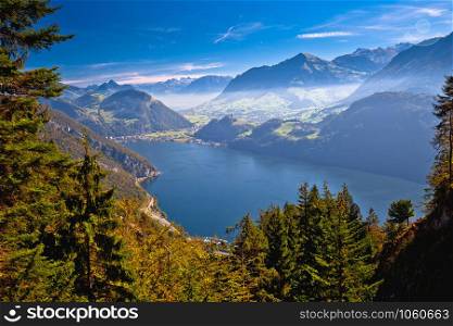 Lake Luzern and Alps mountain peaks aerial view from Mount Pilatus, alpine landscape of Switzerland
